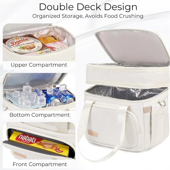 Double Deck Insulated Lunch Box for Men & Women, Leakproof Tote (White) - Picture 5 of 8